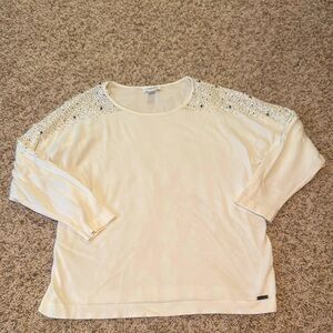 Calvin Klein Women's Cream Top with Embellished Shoulders